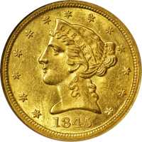 1845-O Liberty Head Half Eagle. MS-61 (NGC). OH.