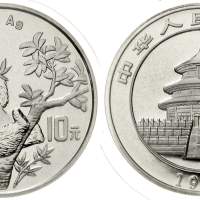Volksrepublik seit 1949 10 Yuan Panda 1995. Panda beim Verzehr von Bambus in einer Astgabel. Large D
