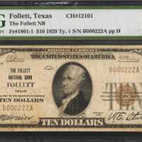 Follett, Texas. $10 1929 Ty. 1. Fr. 1801-1. The Follett NB. Charter #12101. PMG Very Fine 25 Net. Th