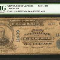 Clover, South Carolina. $10 1902 Plain Back. Fr. 632. The First NB. Charter #11439. PMG Very Good 08