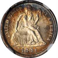 1891-O/S Liberty Seated Dime. Fortin-111. Rarity-3. Repunched Date, 89/89. MS-65 (NGC). CAC.