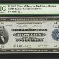 Fr. 747. 1918 $2 Federal Reserve Bank Note. Boston. No. A111A. PMG Gem Uncirculated 65 EPQ.