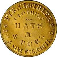 Ohio, Cincinnati. 1868 Pye, Clothier. Bowers OH-1302. Gilt brass. 34 mm. Choice Mint State.