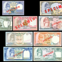 1981-87年尼泊尔贰至壹仟卢比样票一组七枚， Satyendra Pyara Shrestha签名，背有贴痕，均AU-UNC
