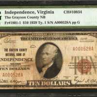 Independence, Virginia. $10 1929 Ty 1. Fr. 1801-1. The Grayson County NB. Charter #10834. PMG Very F