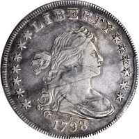 1798 Draped Bust Silver Dollar. Heraldic Eagle. BB-124, B-24. Rarity-2. Pointed 9, Wide Date. VF-30 