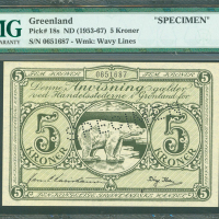 1953-67年格陵兰政府5克朗样钞，编号0651687，PMG67EPQ, 纪录中最高评分