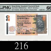 1995年香港渣打银行贰拾圆，Y444444号1995 Standard Chartered Bank $20 (Ma S18a), s/n Y444444. PMG EPQ66 Gem UNC