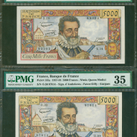 法国银行5000法郎2枚一组，1957年编号S.18 89393及1958年编号O.30 97814， 分别评PMG45及PMG35