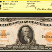 Fr. 1173a. 1922 $10 Gold Certificate. PCGS About New 53 PPQ.