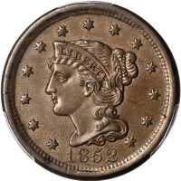 1852 Braided Hair Cent. N-10. Rarity-2. MS-62 BN (PCGS).