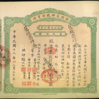 民国十三年歙县商办竞新电灯股份有限公司银洋100元股票，此种股票只发行100张内，罕有