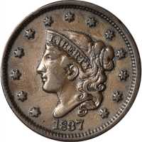 1837 Modified Matron Head Cent. N-9. Rarity-1. Head of 1838. VF-30.