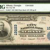 Albany, Georgia. $10 1902 Plain Back. Fr. 637. The City NB. Charter #13223. PMG About Uncirculated 5