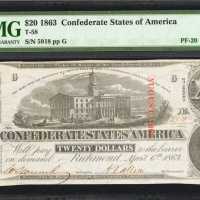 T-58. Confederate Currency. 1863 $20. Hammer Cut Cancelled. PMG Choice Uncirculated 64 EPQ.