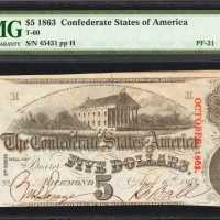 T-60. Confederate Currency. 1863 $5. Cross Cut Cancelled. PMG Uncirculated 62.