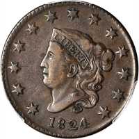 1824 Matron Head Cent. N-3. Rarity-2. EF-40 (PCGS).