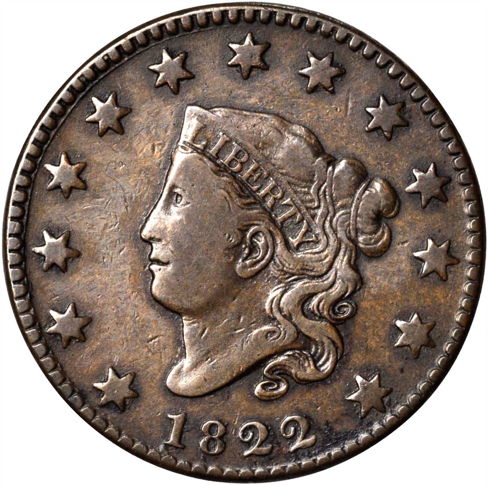 1822 Matron Head Cent. N-11. Rarity-2. VF-20.