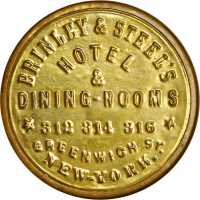 New York, New York. 1868 Brinley & Steels Hotel & Dining Rooms. Bowers NY-3900. Gilt brass. 34 mm. M