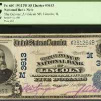 Lincoln, Illinois. $5 1902 Plain Back. Fr. 600. The German American NB. Charter #3613. PCGS Very Fin