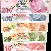 2009年土耳其实业银行5至200 Yeni Turk Lirasi。样票。