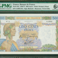 1941年法国银行500法郎，编号G.2033 872, PMG 64