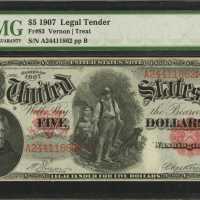 Fr. 83. 1907 $5 Legal Tender Note. PMG Choice Uncirculated 63 Net. Thinning.