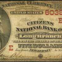 Long Branch, New Jersey. $5 1882 Brown Back. Fr. 477. The Citizens NB. Charter #6038. Very Good.