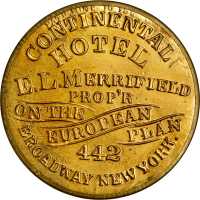 New York, New York. E.L. Merrifield, Continental Hotel. Mirror. Bowers NY-6780. Gilt brass. 38 mm. M