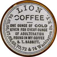 New York, New York. 1868 B.T. Babbitt, Lion Coffee. Bowers NY-3600. Gilt brass. 34 mm. Choice Uncirc
