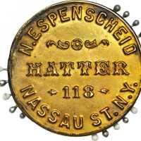 New York, New York. N. Espenscheid. Pincushion mirror. Bowers NY-4962. Gilt brass. 38 mm. Mint State