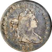 1798 Draped Bust Silver Dollar. Heraldic Eagle. BB-112, B-15. Rarity-3. Pointed 9, Wide Date. VF-30 