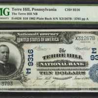 Terre Hill, Pennsylvania. $10 1902 Plain Back. Fr. 626. The Terre Hill NB. Charter #9316. PMG Choice