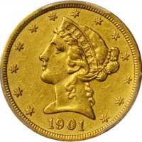 美国1901-S年5美元金币。