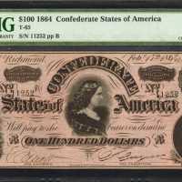 T-65. Confederate Currency. 1864 $100. PMG Choice Uncirculated 63 EPQ.