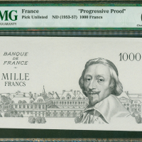 1953-57年法国银行1000法郎单面试印票，PMG63, 少见