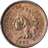 1864 Indian Cent. Bronze. L on Ribbon. MS-64 BN (PCGS).