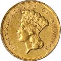 1865 Three-Dollar Gold Piece. AU-55 (PCGS).