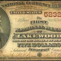 Lakewood, New Jersey. $5 1882 Brown Back. Fr. 477. The First NB. Charter #5232. Very Good.