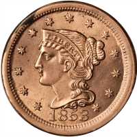 1853 Braided Hair Cent. N-3. Rarity-1. MS-60 Altered Surfaces.