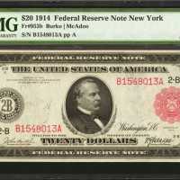 Fr. 953b. 1914 $20 Federal Reserve Note. New York. Red Seal. PMG About Uncirculated 50.