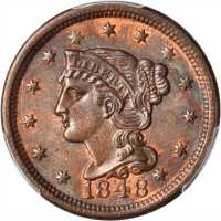 1848 Braided Hair Cent. N-20. Rarity-3. MS-63 RB (PCGS).
