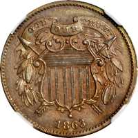 1863 Pattern Two-Cent Piece. Judd-312, Pollock-377. Rarity-4. Bronze. Plain Edge. Proof-62 BN (NGC).