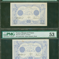 1915年法国银行5法郎2枚一组，编号F.5543 及 Z.5574, 分别评PMG 50及53好品相