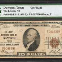 Dawson, Texas. $10 1929 Ty. 1. Fr. 1801-1. The Liberty NB. Charter #11239. PMG Choice Fine 15 Net.