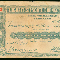 1921年英属北婆罗州公司50仙，编号449953， 有微黄及有小修补，少见