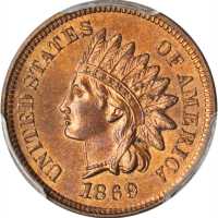1869/69 Indian Cent. Snow-3c, FS-301. Repunched Date. MS-65 RB (PCGS). CAC.