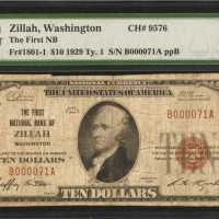 Zillah, Washington. $10 1929 Ty. 1. Fr. 1801-1. The First NB. Charter #9576. PMG Fine 12.