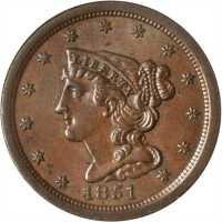 1851 Braided Hair Half Cent. C-1, the only known dies. Rarity-1. AU-58 (ANACS).
