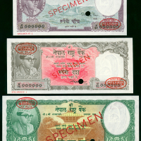 1961年尼泊尔伍，拾，壹佰卢比样票一组三枚，Bekh Bahadur Thapa签，背有贴痕，均AU-UNC